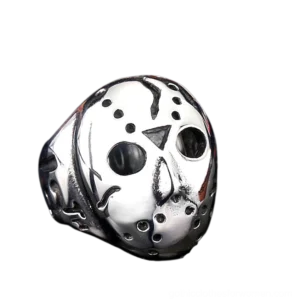Jason mask ring front right angle view showing perforated mask design engraved details stainless steel