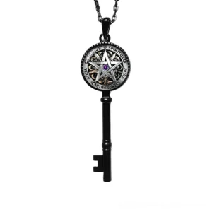 Key of Solomon pentagram pendant in matte black metal with purple amethyst center, front view on white background – gothic occult necklace