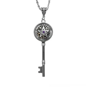 Key of Solomon pentagram pendant in polished silver-tone metal with ornate bail and purple amethyst gemstone, front flat lay – gothic necklace