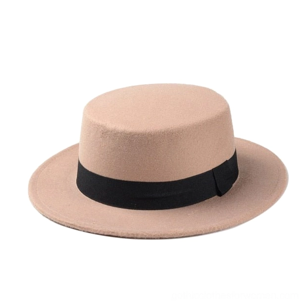 Khaki tan wool felt gothic fedora with flat top and ribbon trim, alternative fashion style