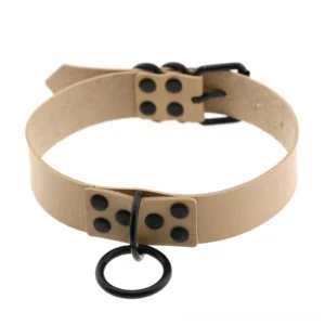 Khaki PU leather gothic choker with black O-ring pendant and matte studded buckle closure
