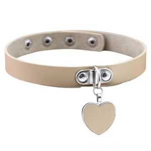 Khaki tan PU leather gothic choker with matching heart pendant, front view on white background