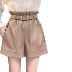 Khaki PU leather high-waist wide-leg shorts with adjustable belt and paperbag waist, front waist detail