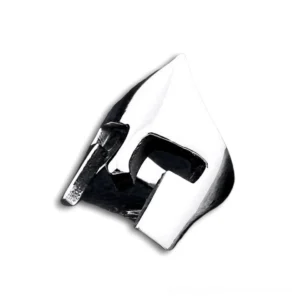 Stainless steel warrior helmet ring rear oblique view displaying exposed inner ring structure and metallic edges