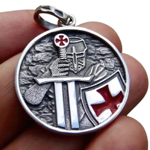 Knights Templar gothic pendant close-up showing red enamel cross detail and silver finish