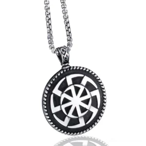 Kolovrat sun wheel pendant front view - Slavic pagan stainless steel necklace with braided metal rim