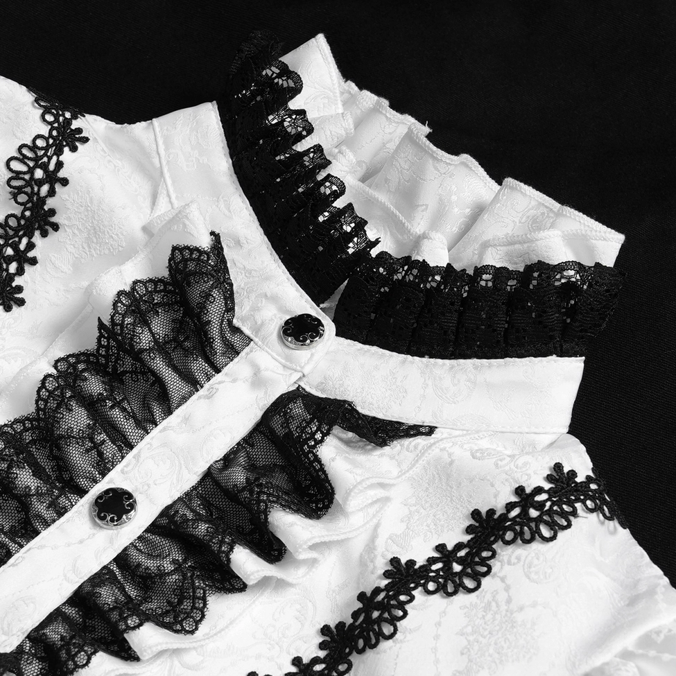 Ruffled black lace collar close-up detail of gothic victorian blouse, showing decorative buttons, intricate brocade fabric, and fine lace craftsmanship