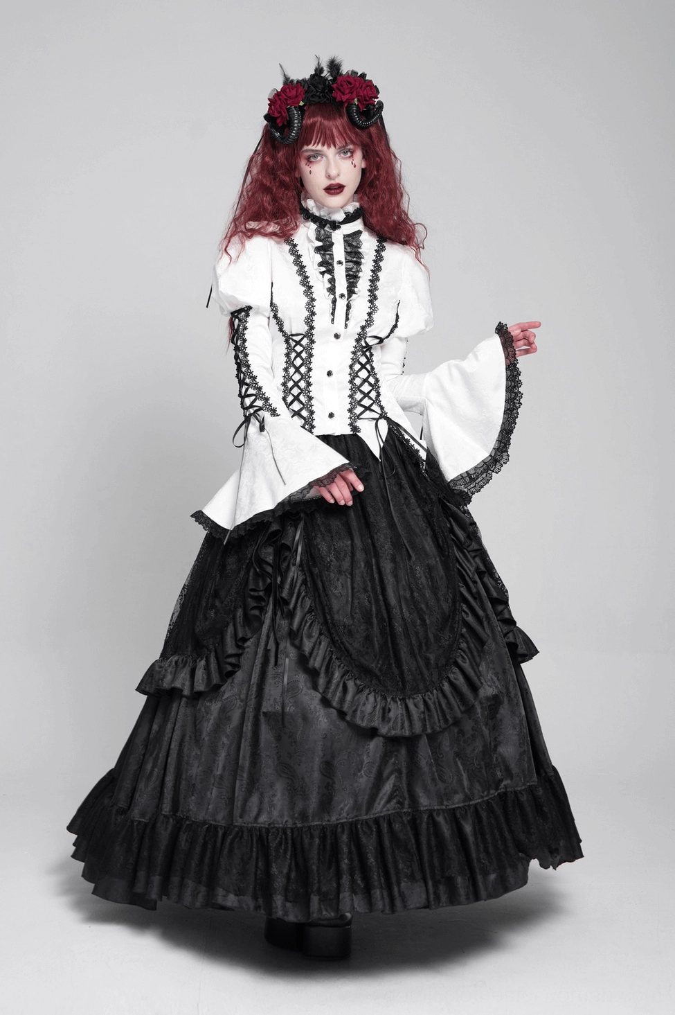 Ivory victorian corset lace blouse side profile view displaying silhouette, sleeve construction, and lace detailing