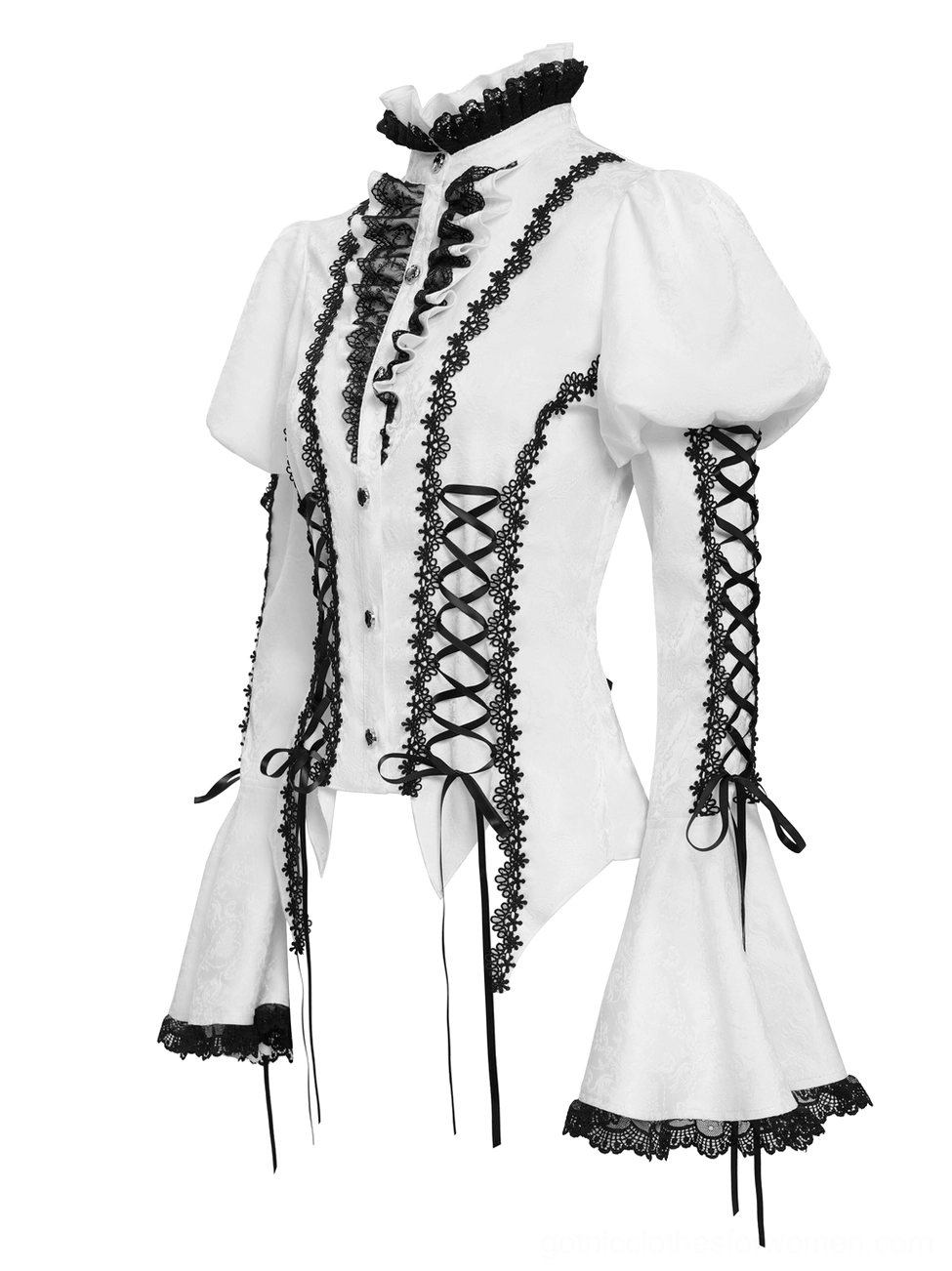 White victorian lace blouse side three-quarter flat lay view displaying asymmetric hem, sleeve corset lacing, ruffled stand collar, and gothic silhouette