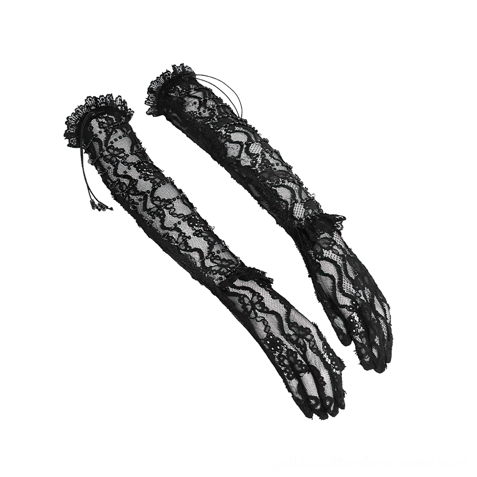 Black lace fingerless gloves featuring ruffled cuffs with drawstring detail, flat lay presentation