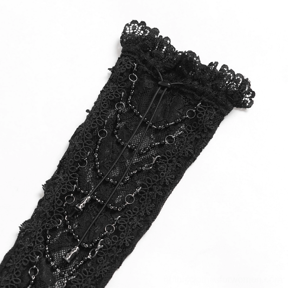 Black lace fingerless glove half view showcasing chain decorations and ruffled cuff details