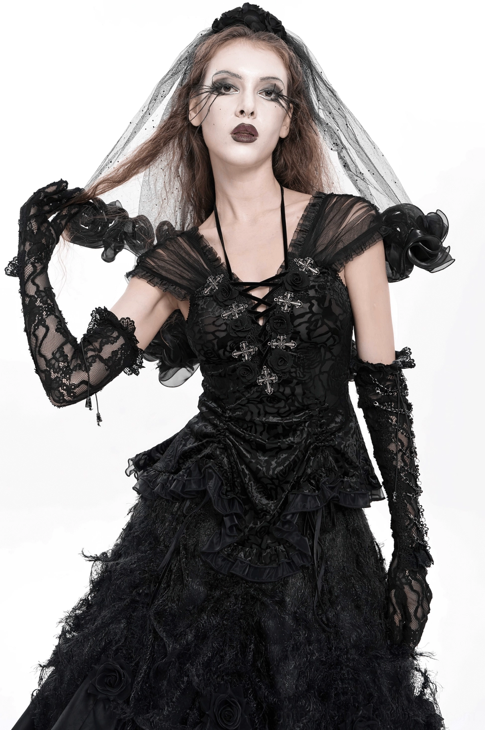 Black lace fingerless gloves worn with dark romantic gothic outfit and accessories