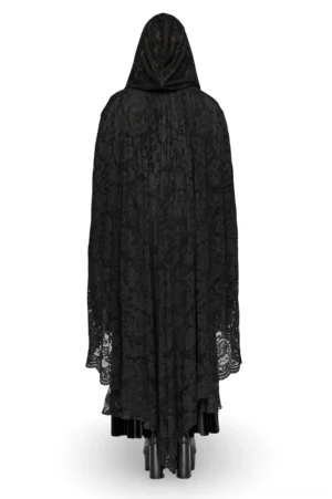 Gothic hooded lace cape displayed on mannequin, full rear view highlighting intricate floral lace texture and full back coverage