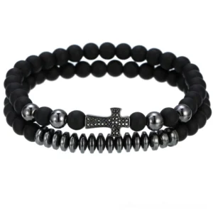Black lava stone cross bracelet featuring gun-black metal accents and double-layer beaded design