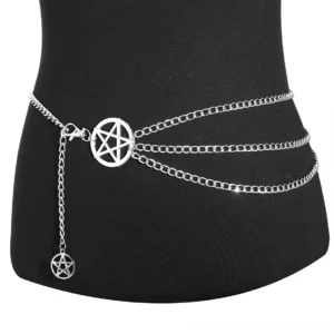 Multi-layer silver chain belt design featuring three interlocking chains with pentagram elements, waist perspective