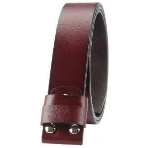 Rolled burgundy genuine leather belt showing side profile, double-rivet construction and quality craftsmanship of memento mori belt