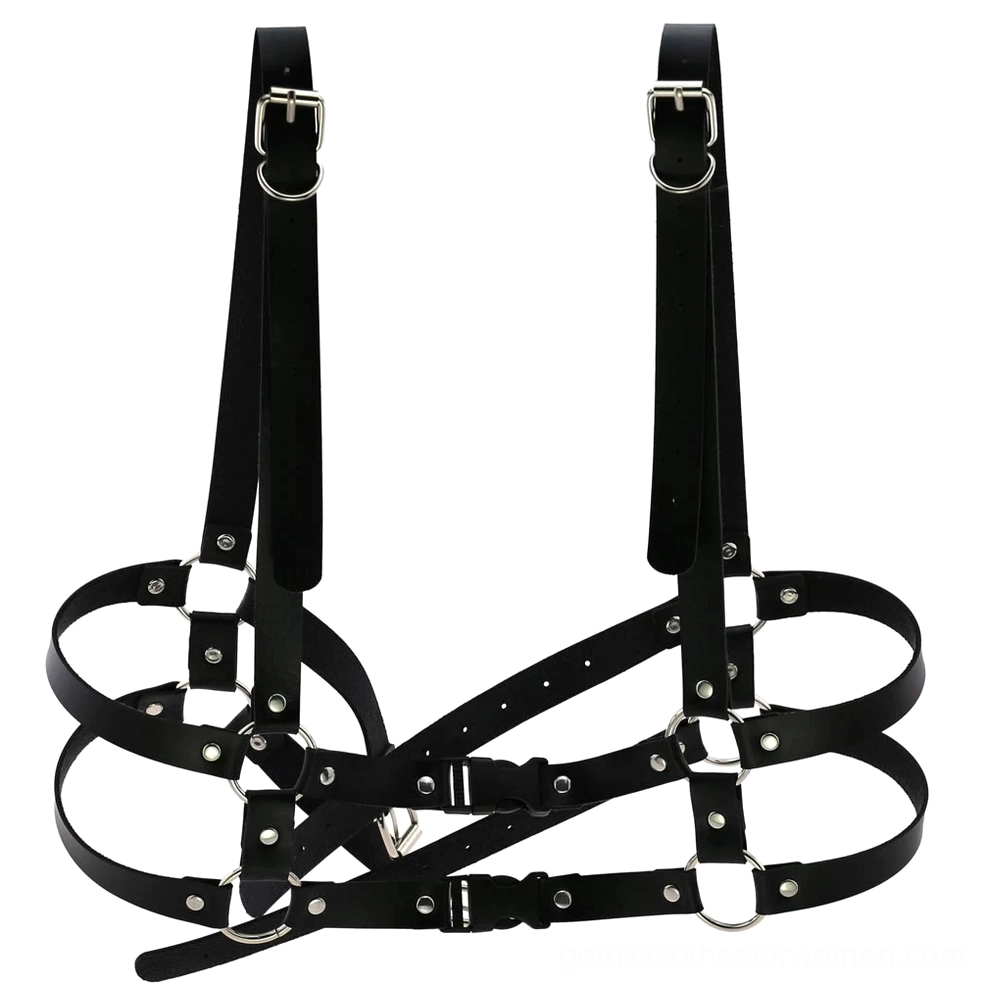 Black leather harness top-down flat lay view showing multi O-ring connectors and adjustable shoulder straps architecture