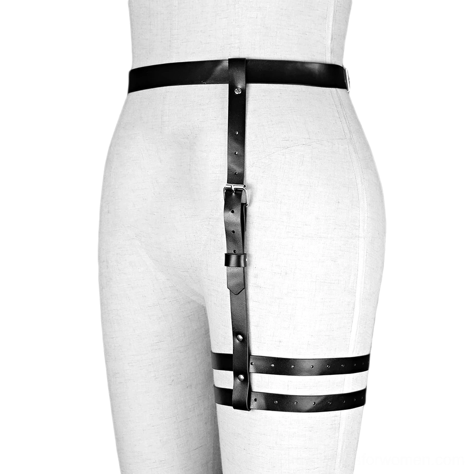 Adjustable gothic harness rear side view on mannequin, featuring vertical adjustment strap and structured design