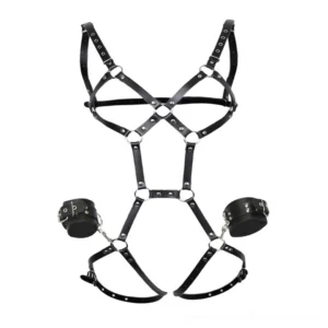 Gothic leather bondage harness with matching leather handcuffs and wrist restraints