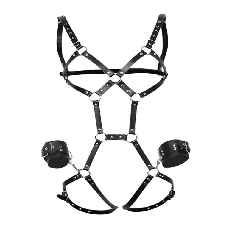 Gothic leather bondage harness with matching leather handcuffs and wrist restraints