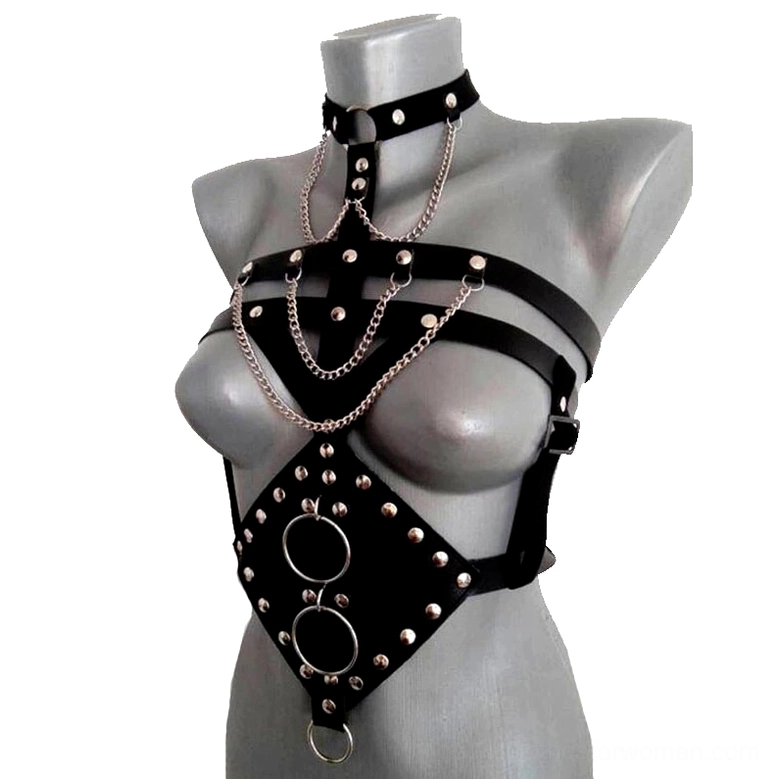 Women's leather body harness front-left perspective with neck collar and dual lower O-rings