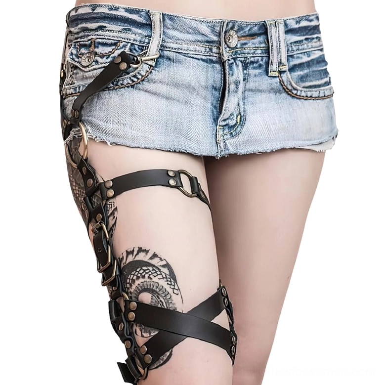 Black leather harness belt with eyelet buckle details worn with denim, right side profile demonstration