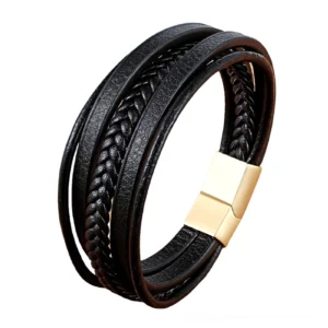 Gold-tone multi-strand leather bracelet with stainless steel magnetic clasp, gothic rock style side angle