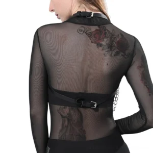 Black leather body harness back view with waist strap and metal hardware on female model
