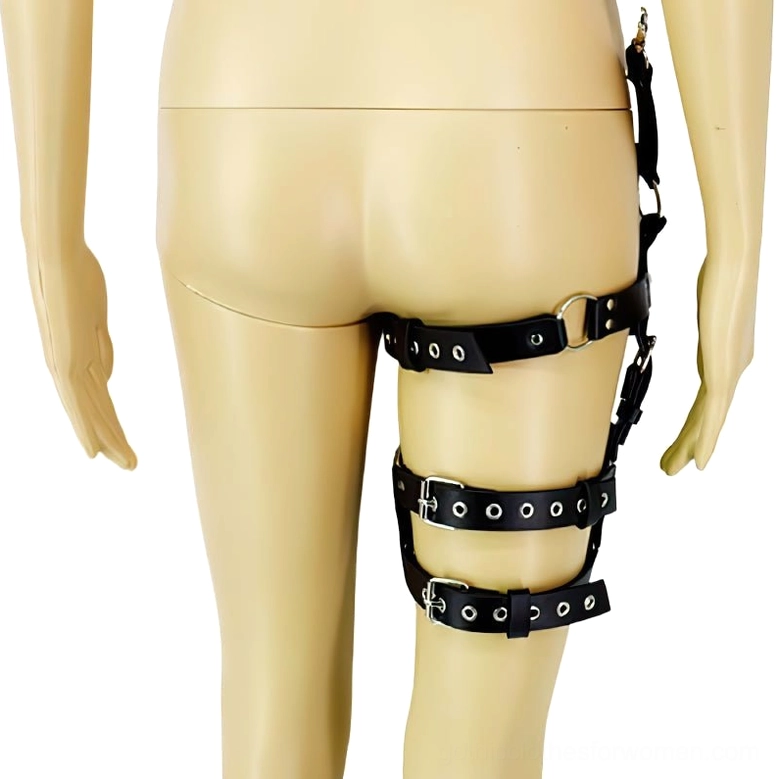 Full rear view of black leather waist-thigh harness on mannequin, showcasing adjustable metal buckles and strap placement