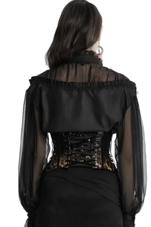 Leopard print patent leather gothic corset back view showing lace-up closure and satin back tie on model