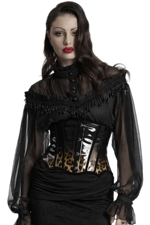 Leopard print patent leather gothic corset worn by model with black sheer ruffled outfit, front view on white studio background