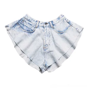 Light blue acid wash high-waist denim shorts women, flat lay displaying flared asymmetrical hem and pockets