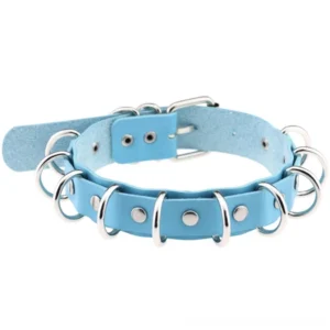 Light blue faux leather punk choker featuring metal ring embellishments and link chain closure