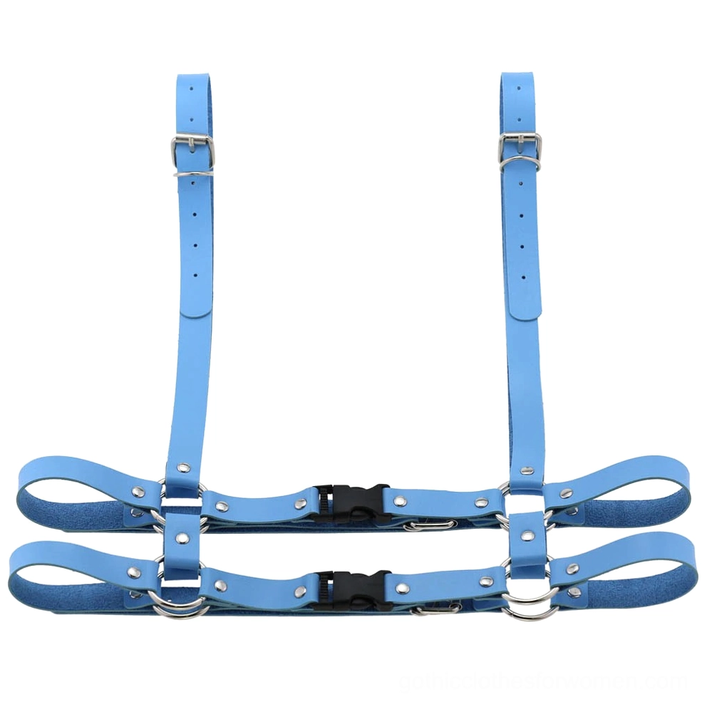Light blue leather body harness front flat lay showing adjustable construction and premium leather craftsmanship
