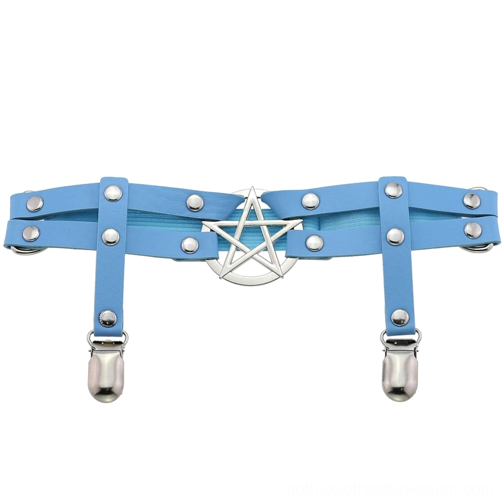 Light blue pentagram PU leather leg garter belt flat lay photography, showing silver pentagram pendant with metal rivets and clip straps detail