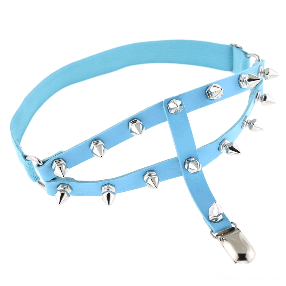 Sky blue light blue spiked thigh garter harness with adjustable cross strap and metal details