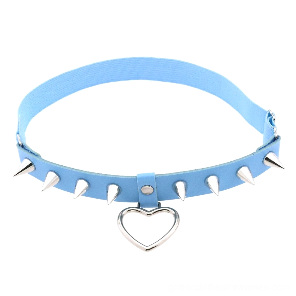 Light blue elastic gothic leg garter belt with metallic spikes and hollow heart pendant, front studio view