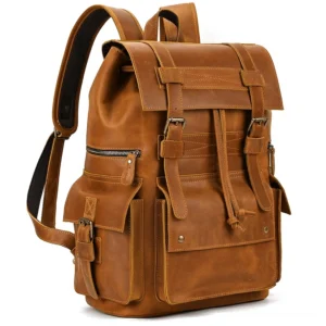 Light brown crazy horse leather gothic travel backpack with flap buckle closure