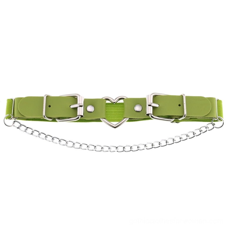 Lime green neon garter belt with heart-shaped metal buckle and hanging chain, cybergoth inspired