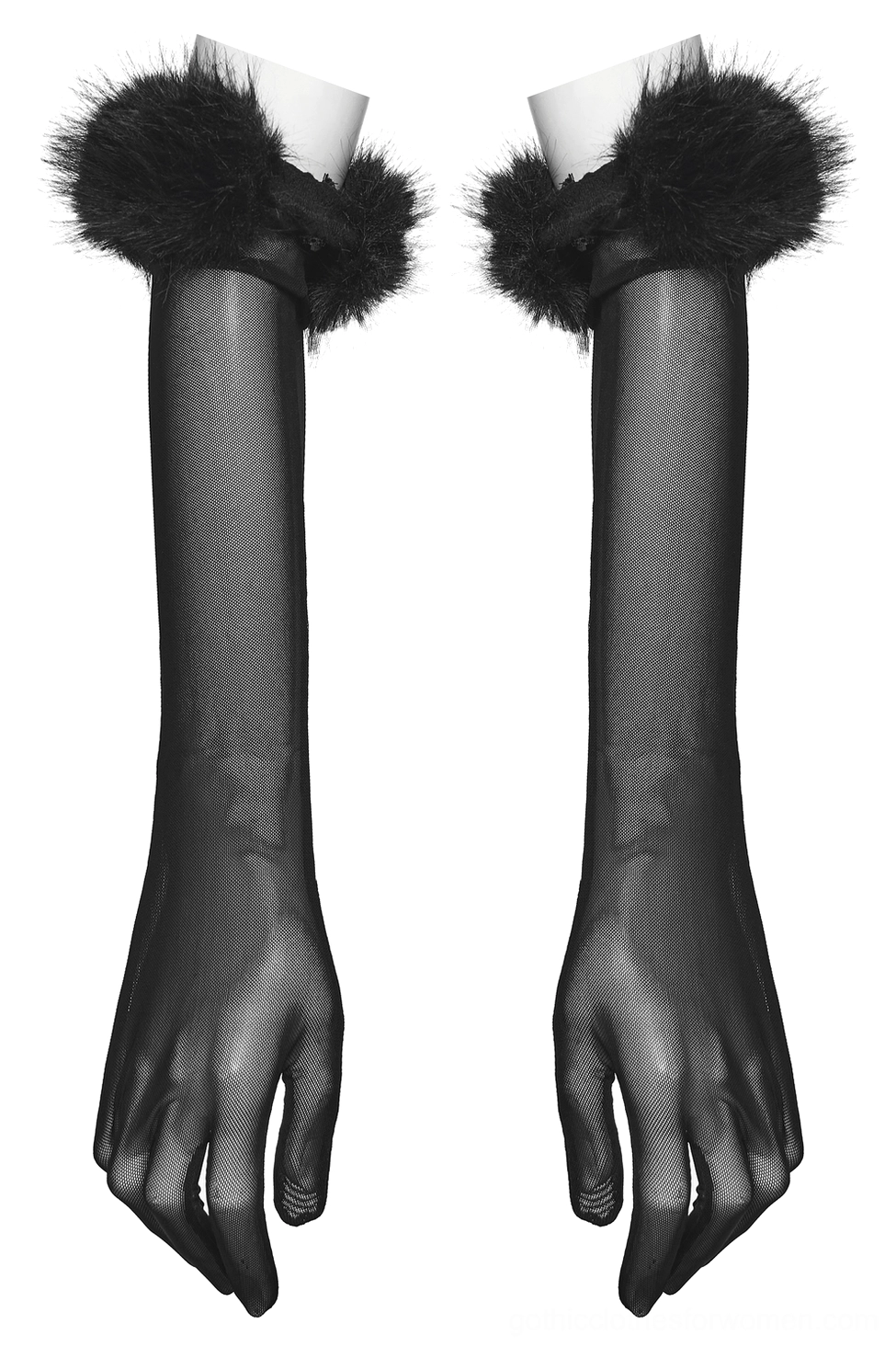 Mannequin hands display of long black mesh gothic gloves with fluffy fur wrist cuffs, front flat lay view