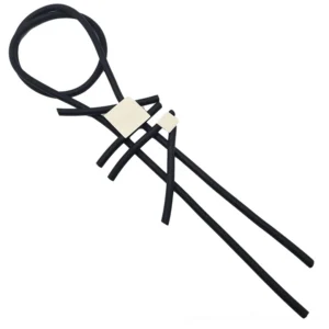 Long black elastic rope necklace with dual square wood accents and asymmetrical design, overhead flat lay