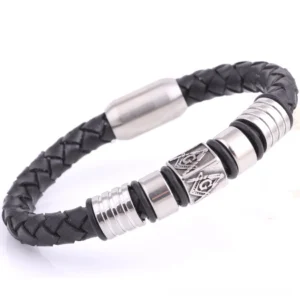 Braided leather Masonic bracelet side oblique angle showing woven leather texture and Masonic emblem details