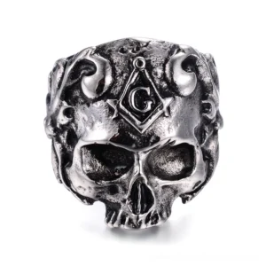 Direct front view of Masonic gothic ring featuring skull with Square and Compass symbol and weathered silver metal finish