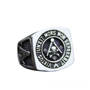 Gothic masonic ring side profile showing antiqued silver finish and white enamel inlay with Masonic symbols