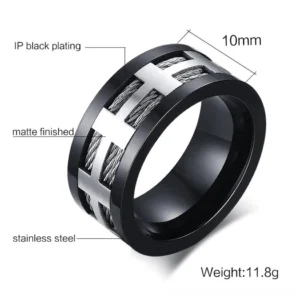 Black matte finish gothic punk ring with specifications - side three-quarter angle displaying 10mm band width and dual-tone finish