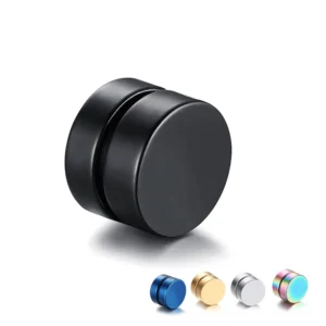 Matte black polished magnetic stud earring close-up with multicolor sample studs, high-polished stainless steel no-pierce gothic jewelry