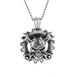 Mechanical skull gear pendant necklace front view - gothic punk jewelry with crossed wrenches and gear frame, vintage silver stainless steel