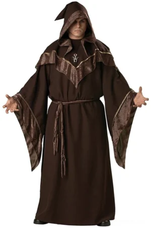 Medieval wizard gothic sorcerer robe with velvet brown trim, attached hood, waist tie, and chest emblem – full front view on male model