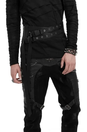 Men's gothic corset belt with metal eyelets worn front full-body view on male model with tactical cargo pants