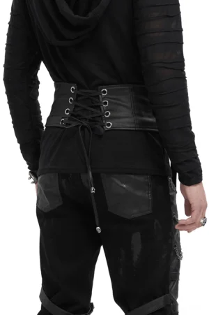 Rear view of men's gothic lace-up corset belt showcasing back closure and leather-like black fabric
